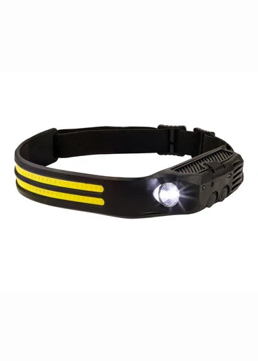Woof Wear black LED head torch, additional view showing the twin LED strips