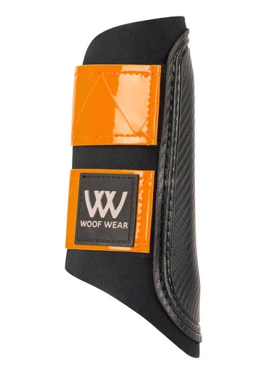 Woof Wear Reflective Club brushing boot in hi vis orange with reflective hook and loop straps