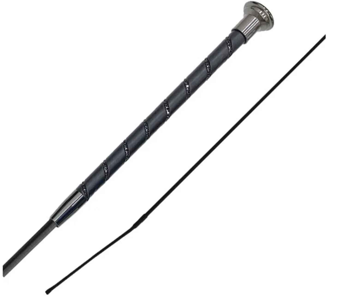 Woof Wear Stealth dressage whip in black, faux leather grip twisted with black crystals