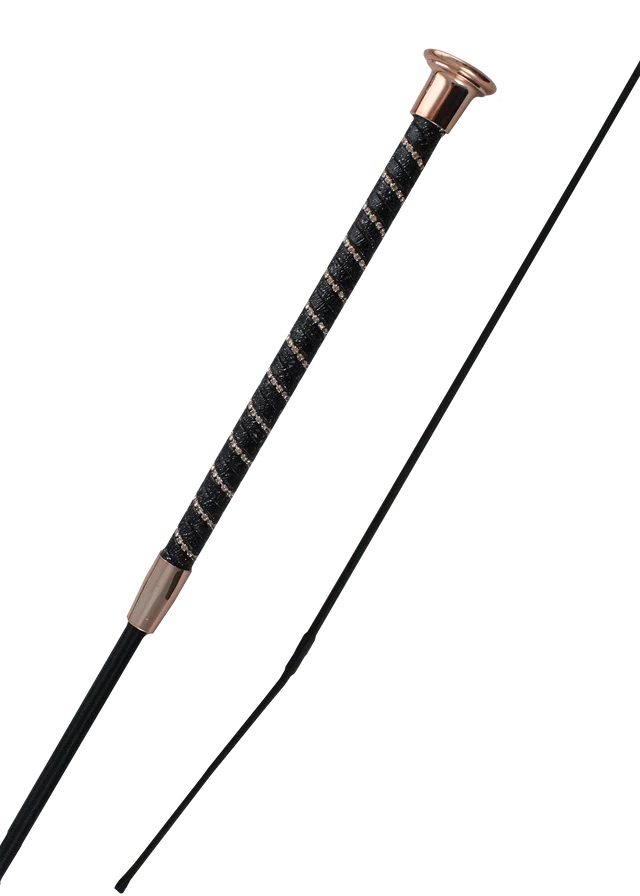 Woof Wear Twisted dressage whip in black and gold, crystal-set shimmer grip and 10cm flick