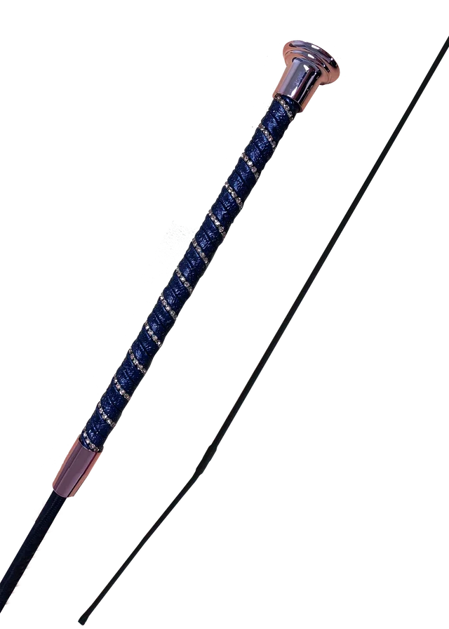 Woof Wear Twisted dressage whip in navy and rose gold, crystal-set shimmer grip