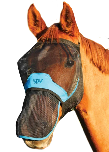Woof Wear UV nose protector in black, clip-on soft mesh panel shading a horse's muzzle